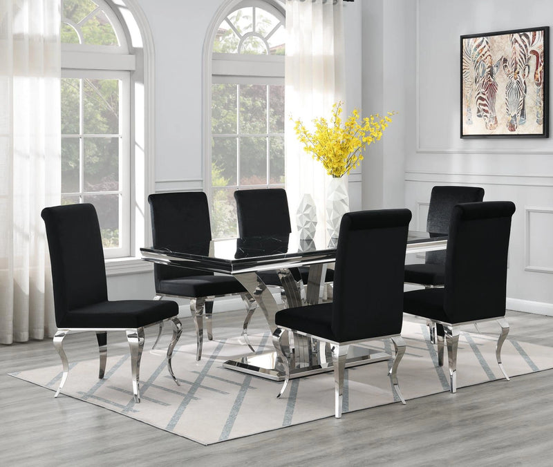 G-083-T-BLACK Dining Table-Black Marble-4 Black Leather Chairs