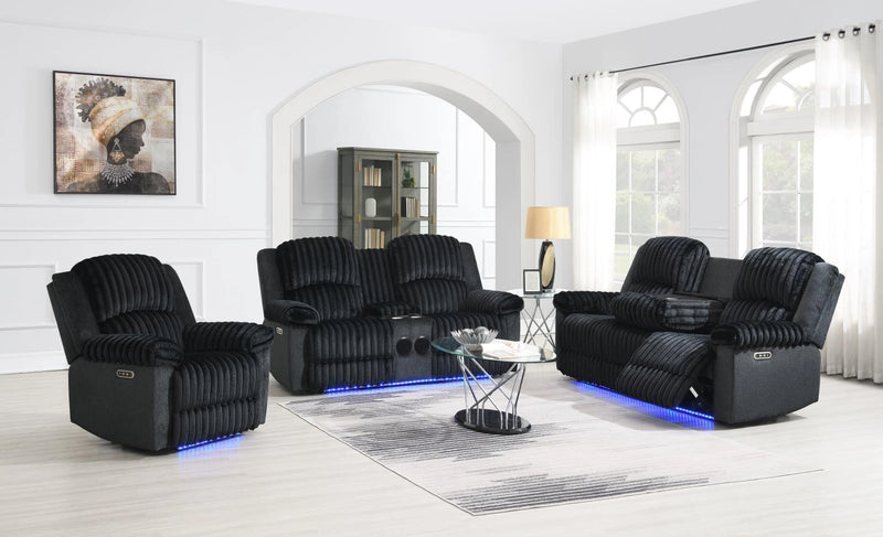 Black Corduroy Power Led Reclining Loveseat W/Bluetooth Speaker